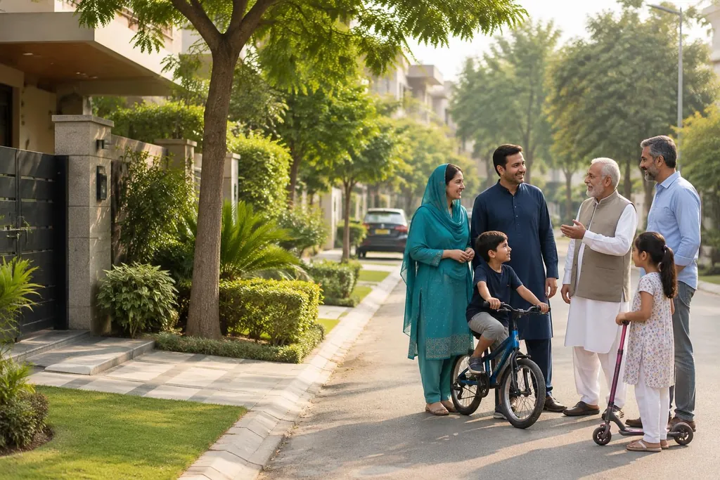 Residents on a tree-lined Pakistani society street