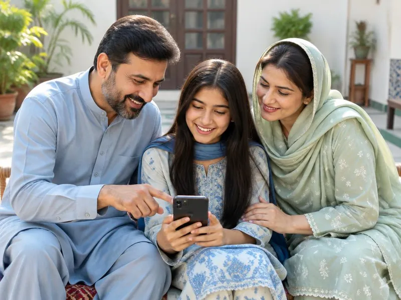 A Pakistani family checking a phone together