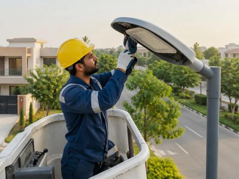 A maintenance worker repairing a neighbourhood streetlight